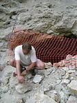 Dave chipping away to reveal crystals of  flourite and barite.