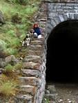 Pamela, Willow & Oliver pose on the side of the tunnel, which by the way is on Allan's property.