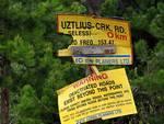 A beaten-up sign for the Uztilius Creek FSR.