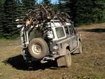The Defender loaded up with beetle-killed wood.